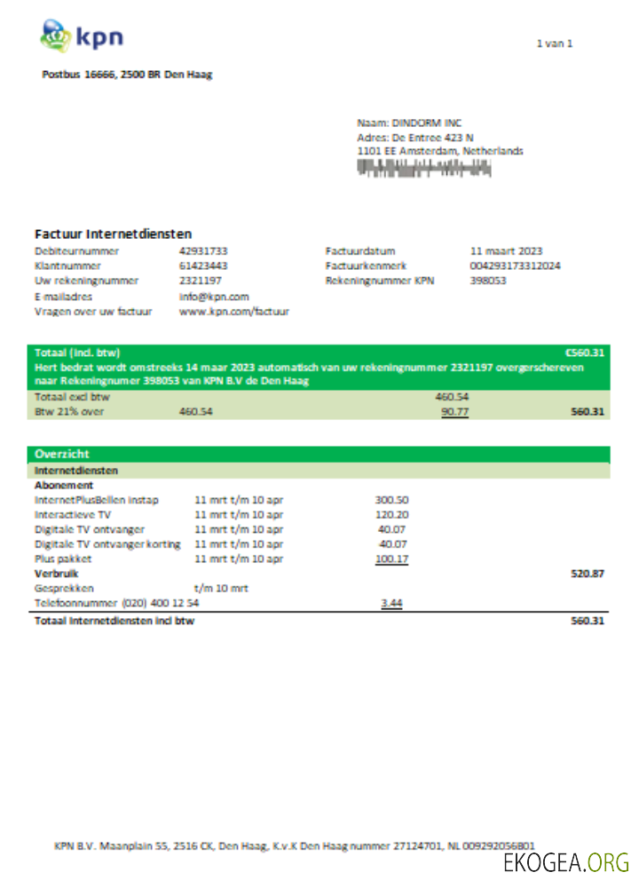 Facture commerciale de service public KPN, SCR